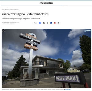 A newspaper headline declares the Igloo is closing with an image of a two story building with chrome siding, a neon sign that says Igloo Restaurant Open, and a purple arrow pointing towards a drive thru. 